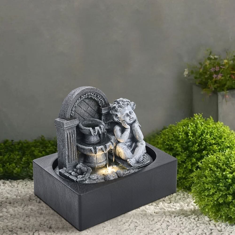 Grey Tabletop Resin Cherub Fountain with LED Light Indoor