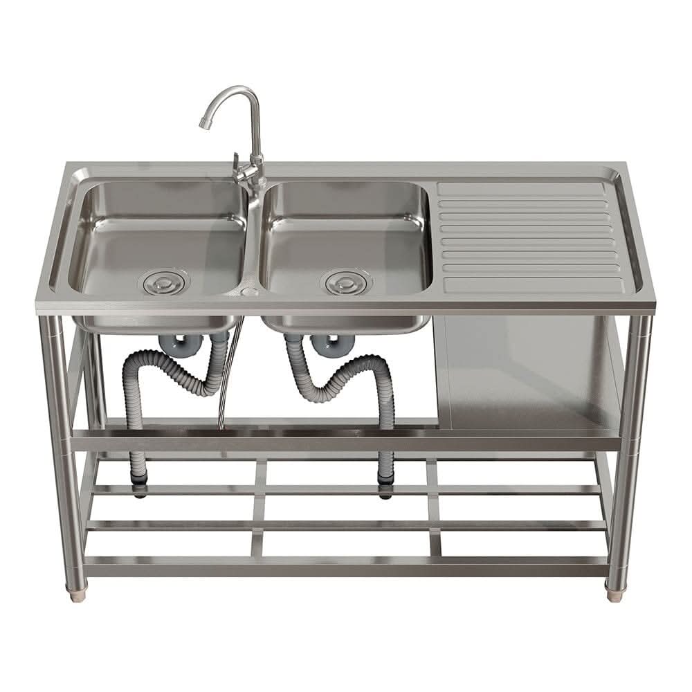 Steel Two Compartment Sinks with Shelves and Drainboard