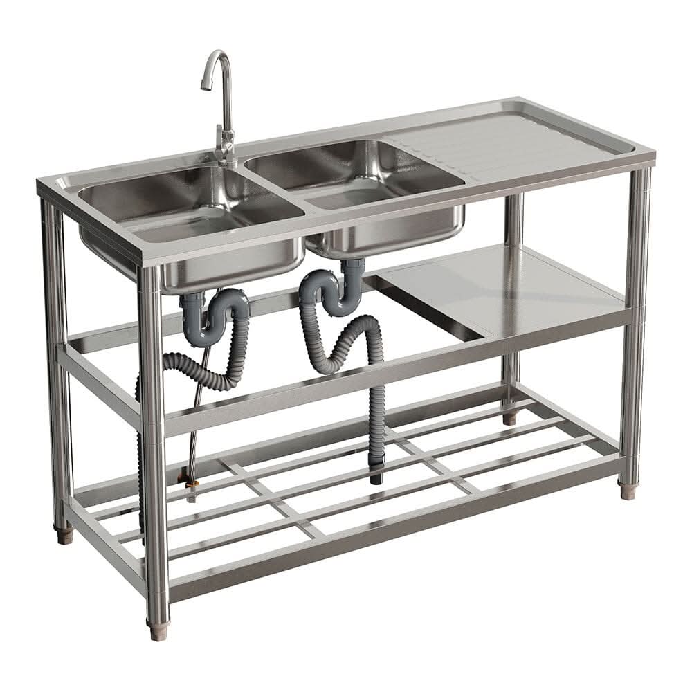 Steel Two Compartment Sinks with Shelves and Drainboard