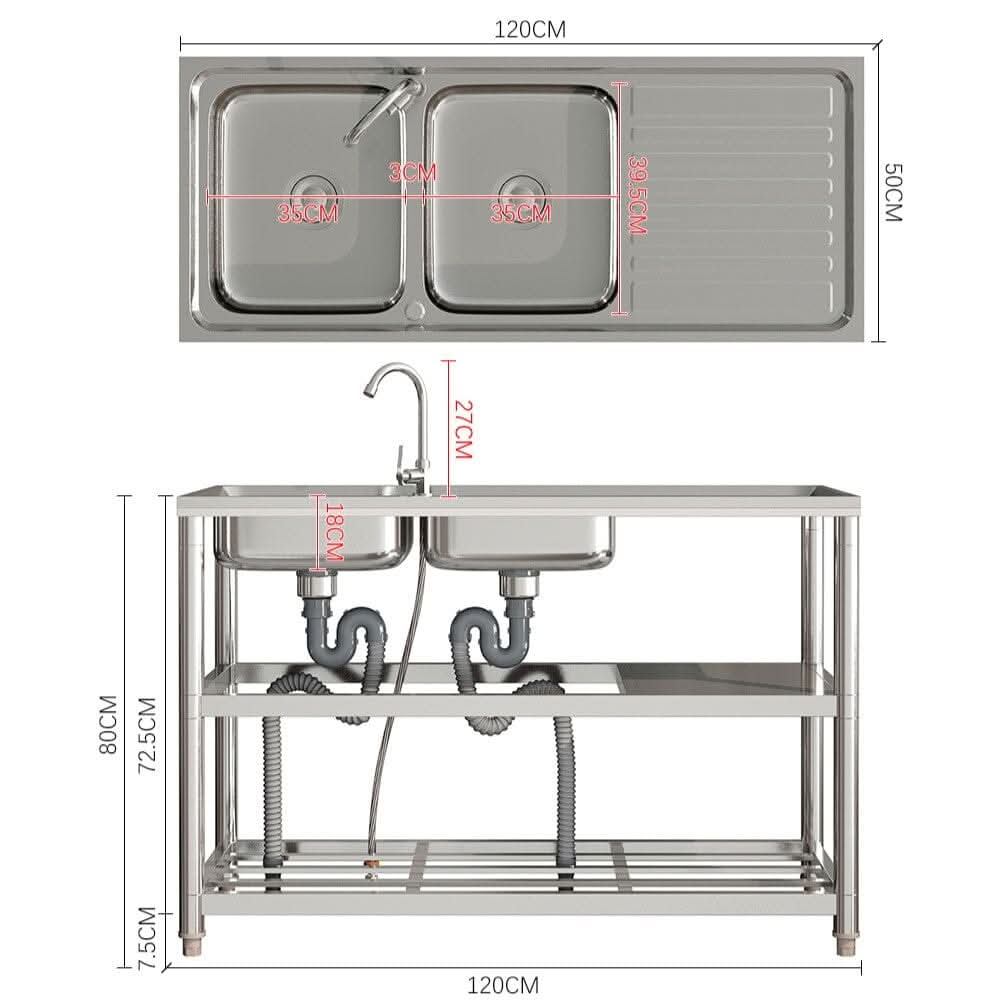 Steel Two Compartment Sinks with Shelves and Drainboard