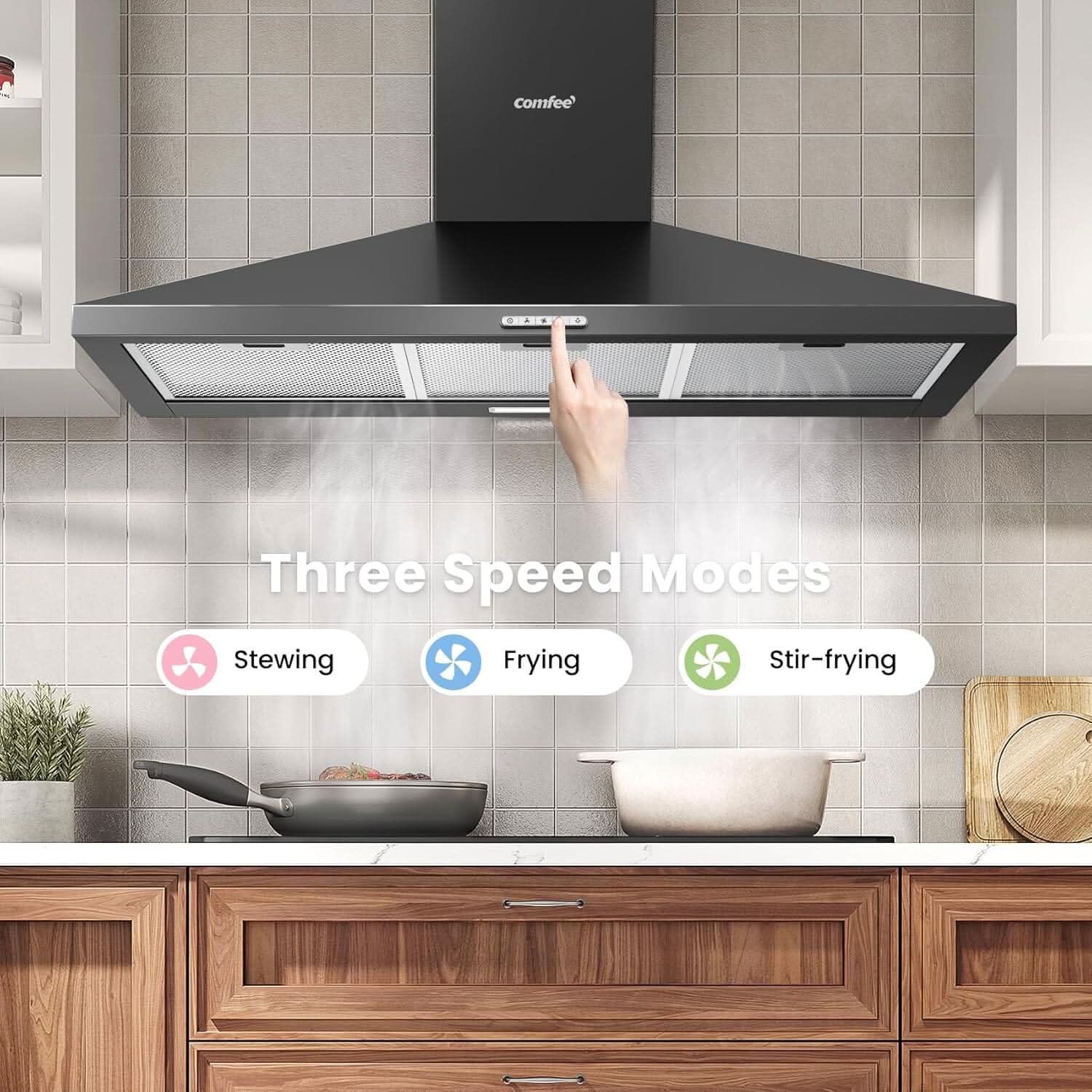 Black 60CM/ 90CM Wall-mounted 3-Speed Chimney Range Hood Cooker Extractor