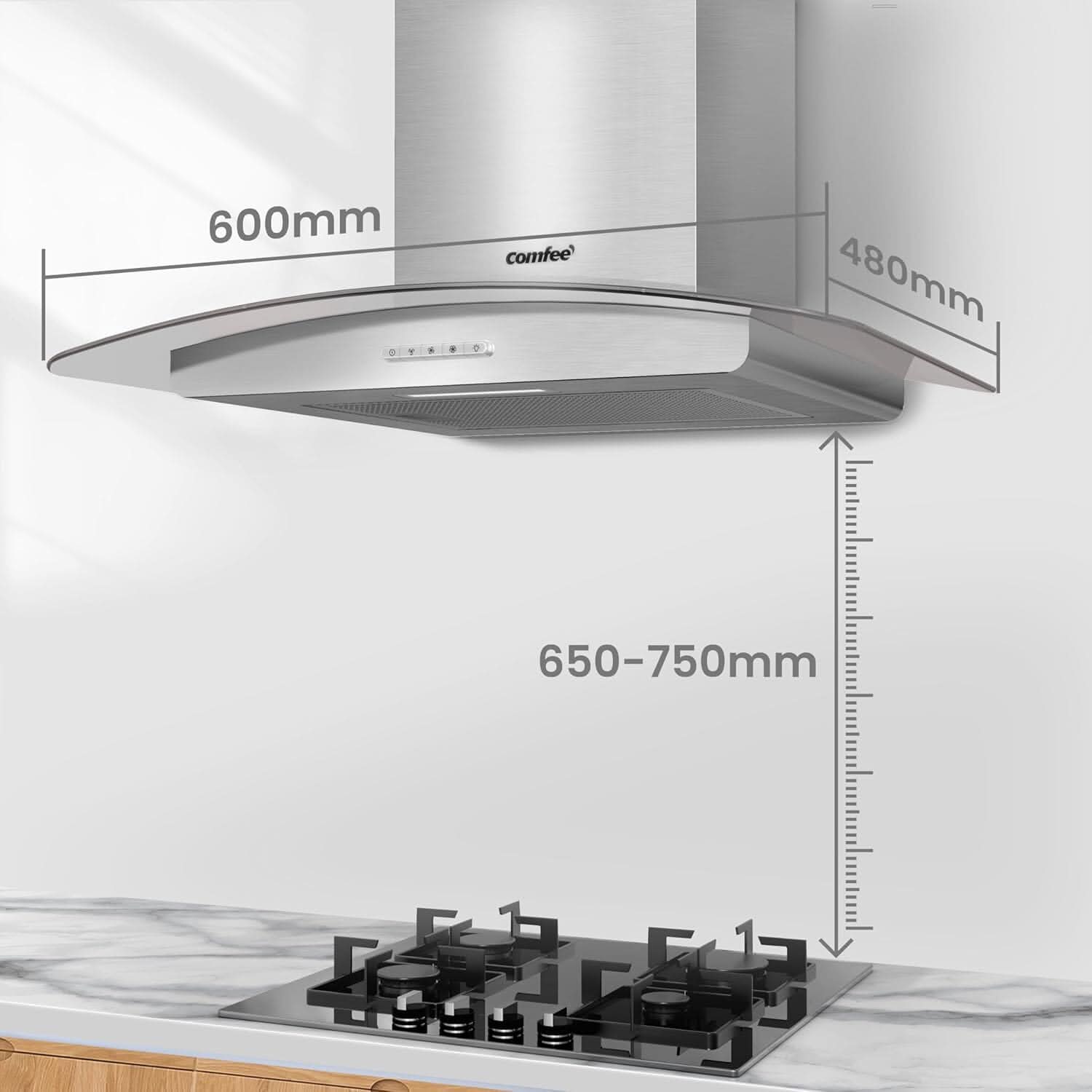 60cm Chimney Cooker Range Hood Kitchen Extractor with 3-Speed Modes