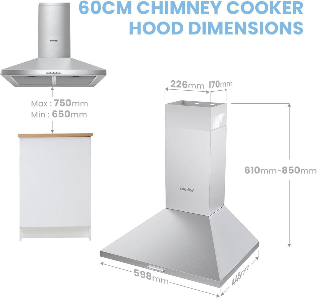 Class A+ 60cm Chimney Cooker Range Hood Kitchen Extractor with 3-Speed Modes