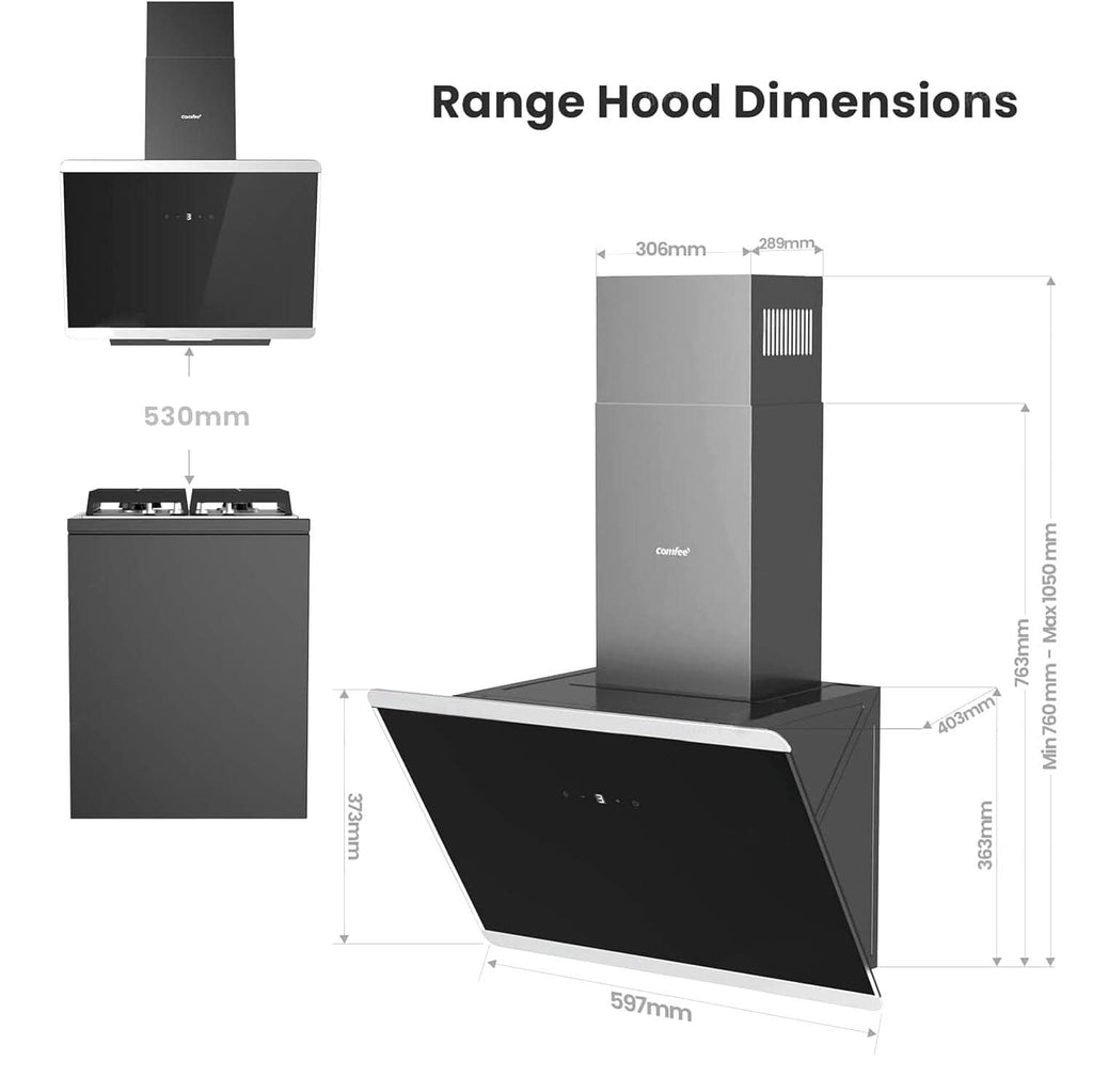 60CM Wall-mounted 3-Speed Angled Range Hood with Touch Screen