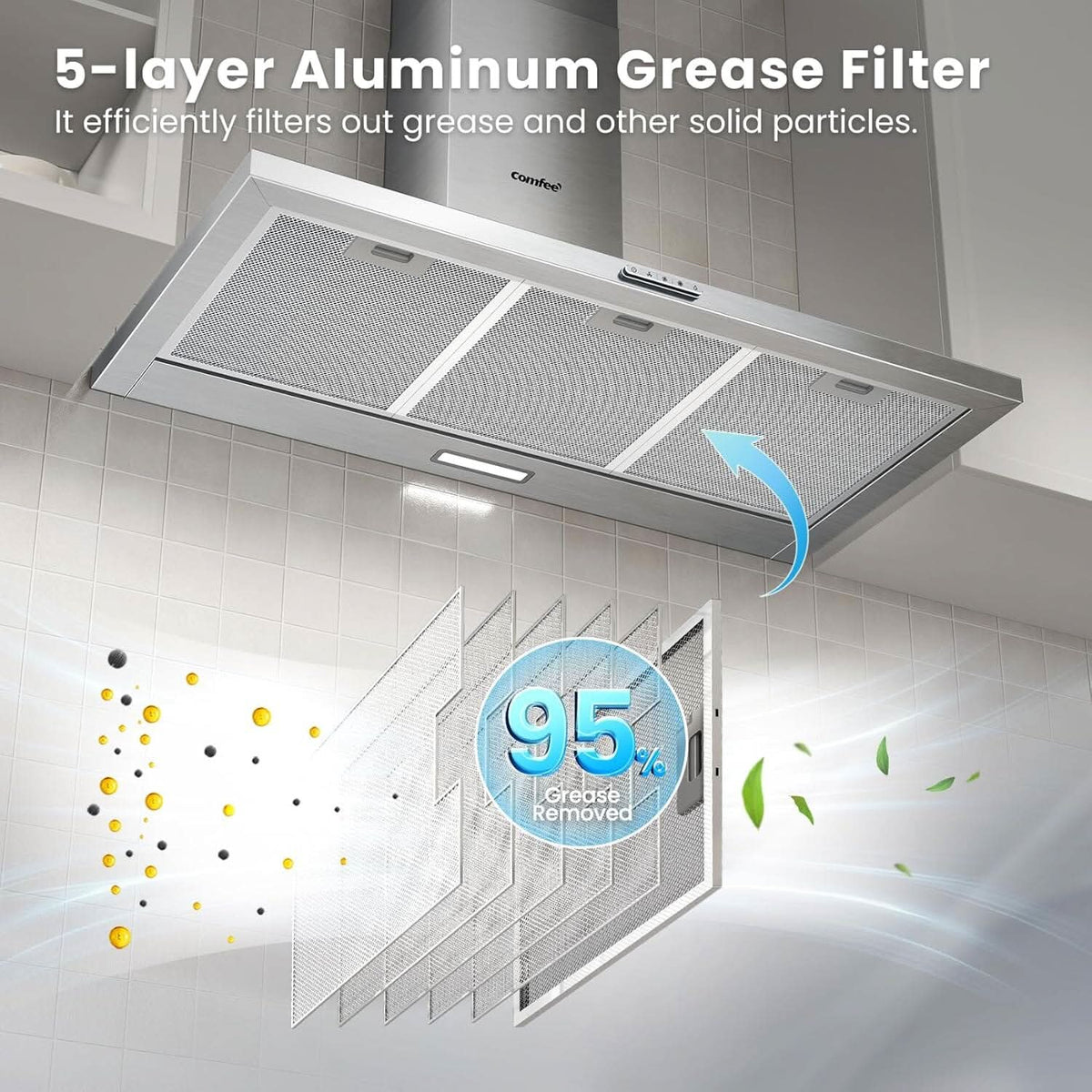 COMFEE' 90cm Chimney Cooker Hood with LED and Recirculating & Ducting System