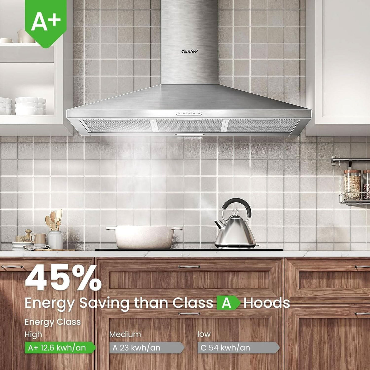 COMFEE' 90cm Chimney Cooker Hood with LED and Recirculating & Ducting System