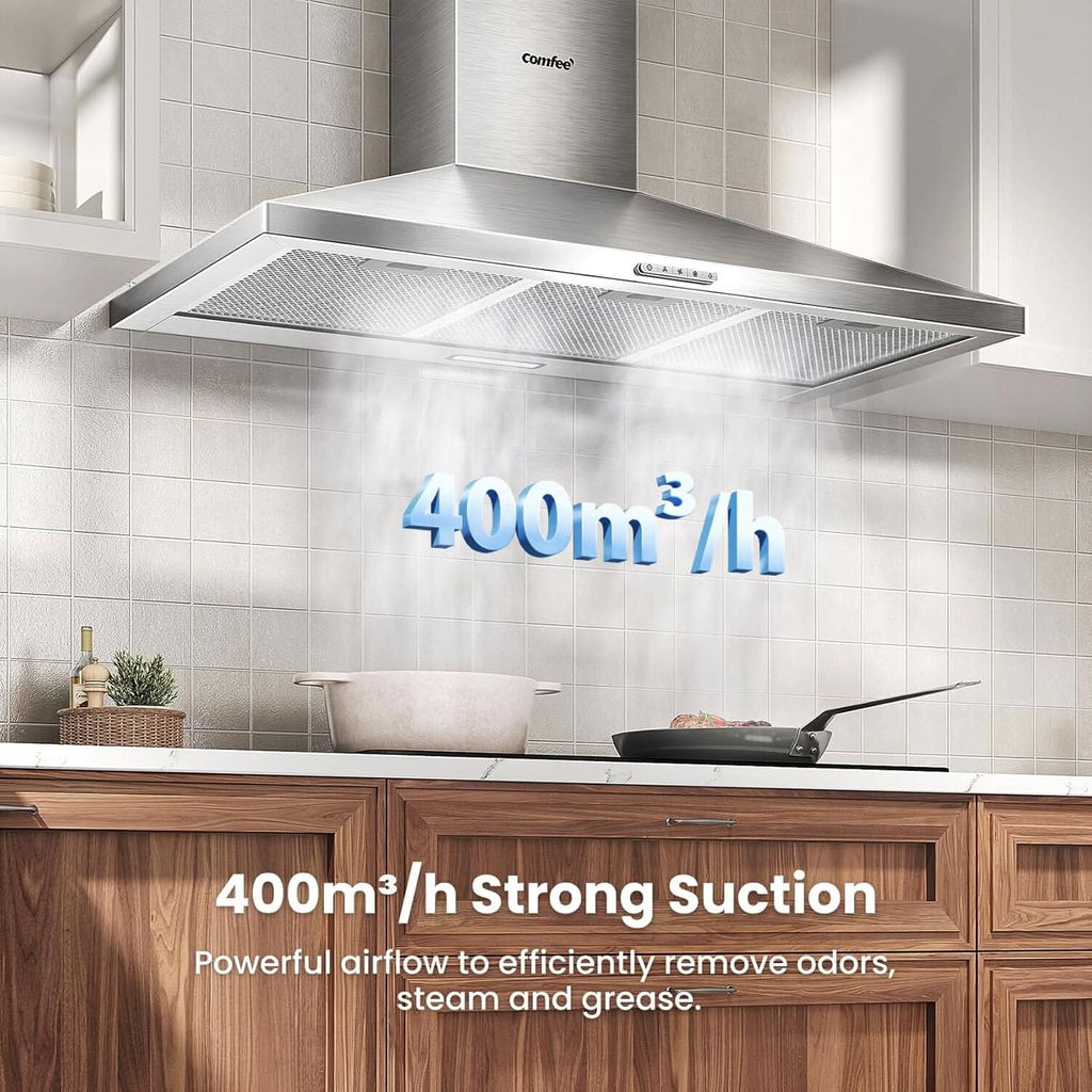 COMFEE' 90cm Chimney Cooker Hood with LED and Recirculating & Ducting System