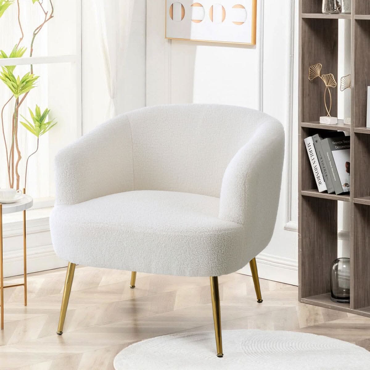 Boucle Teddy Fabric Armchair with Metal Legs White