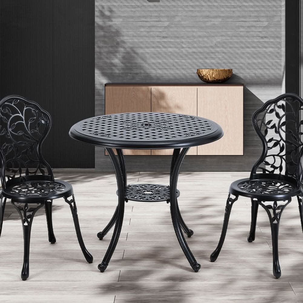 Black Cast Aluminum Round Patio Dining Table with Umbrella Hole