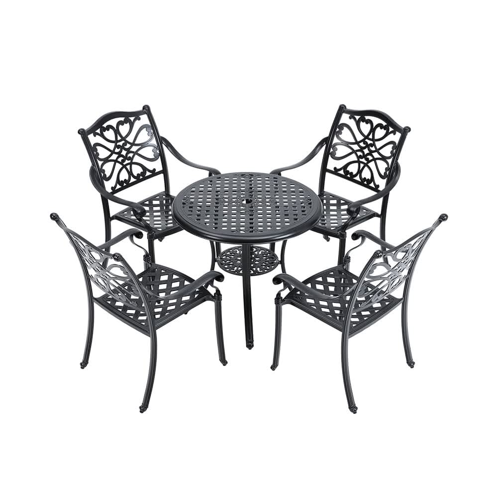 Black Cast Aluminum Round Patio Dining Table with Umbrella Hole