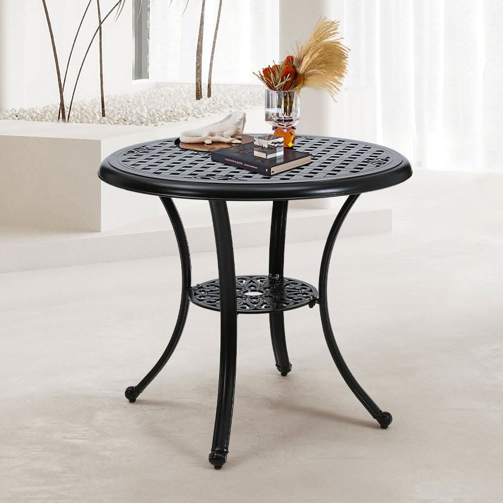 Black Cast Aluminum Round Patio Dining Table with Umbrella Hole