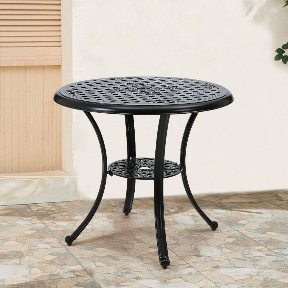 Black Cast Aluminum Round Patio Dining Table with Umbrella Hole