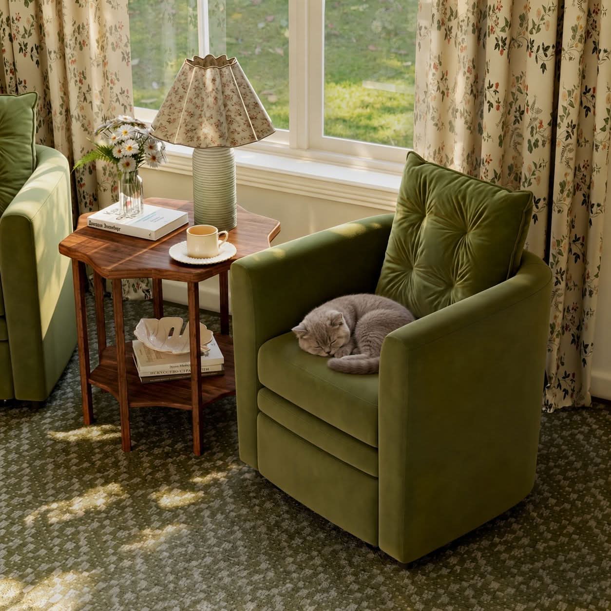 Cottonfy Green Velvet Armchair with Hidden Storage Footstool