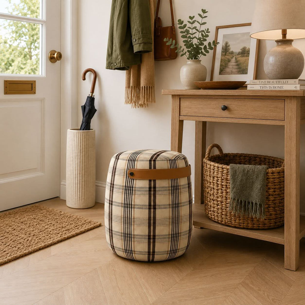 Haven British Check Round Pouffe Footstool with Leather Handle