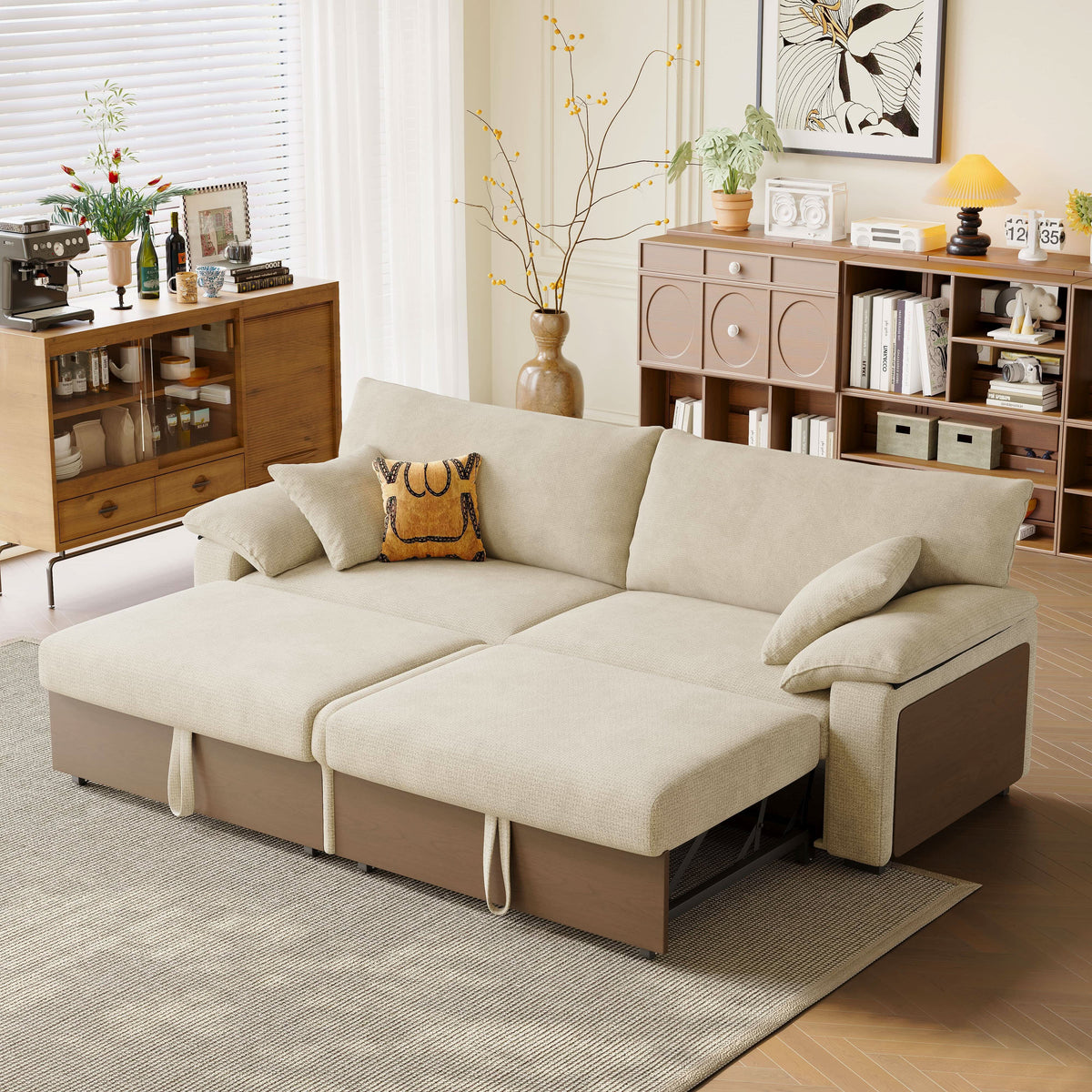 Cottonfy Luxurious Solid Wood Versatile 2-Seater Pull Out Sofa Bed