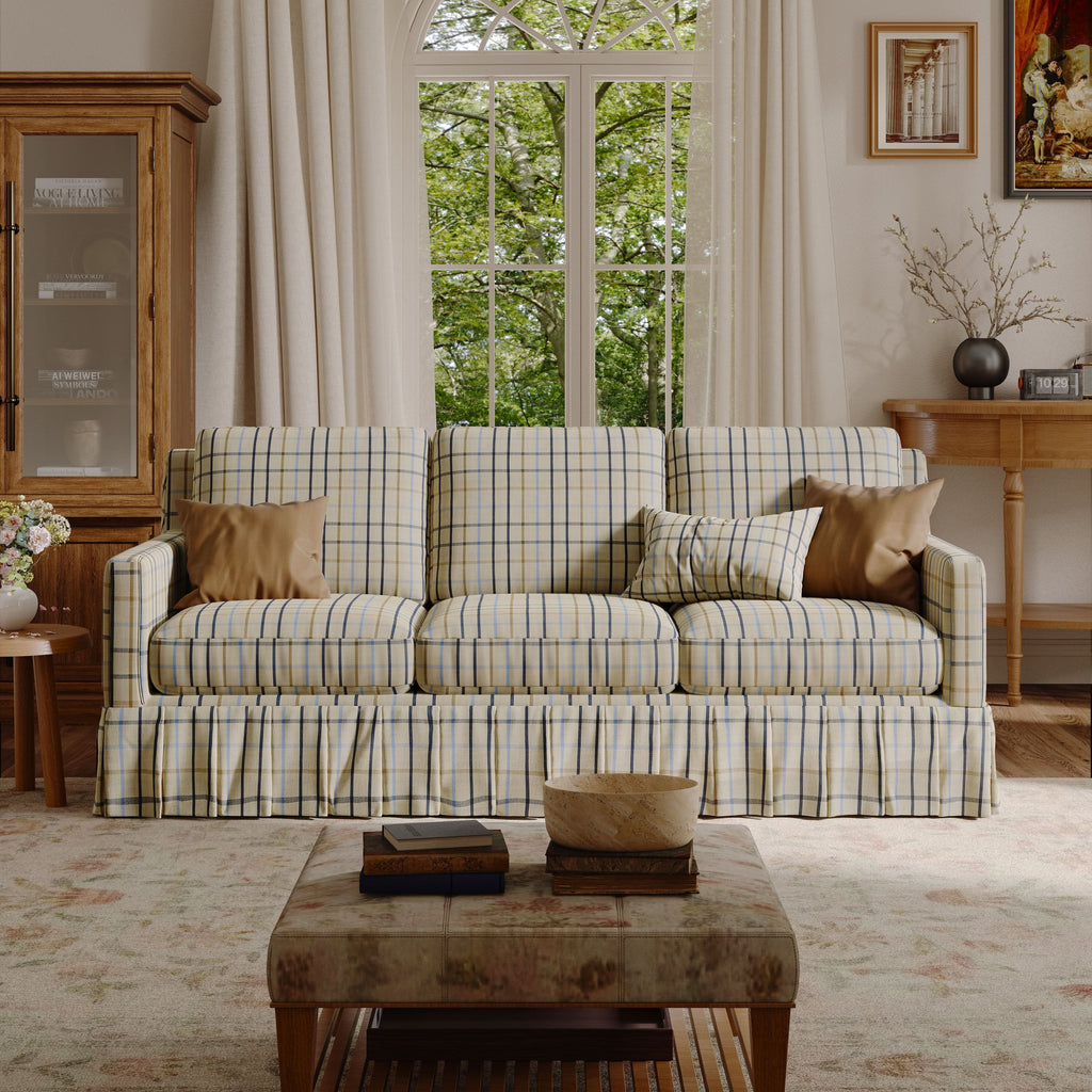 Cottonfy Blue Gingham Sofa with Skirted Base