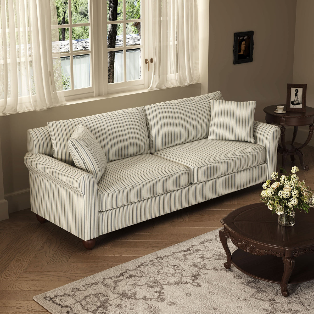 Cottonfy Striped Cotton Linen Blend Rolled Arm Sofa with Soild Wood Bun Feet