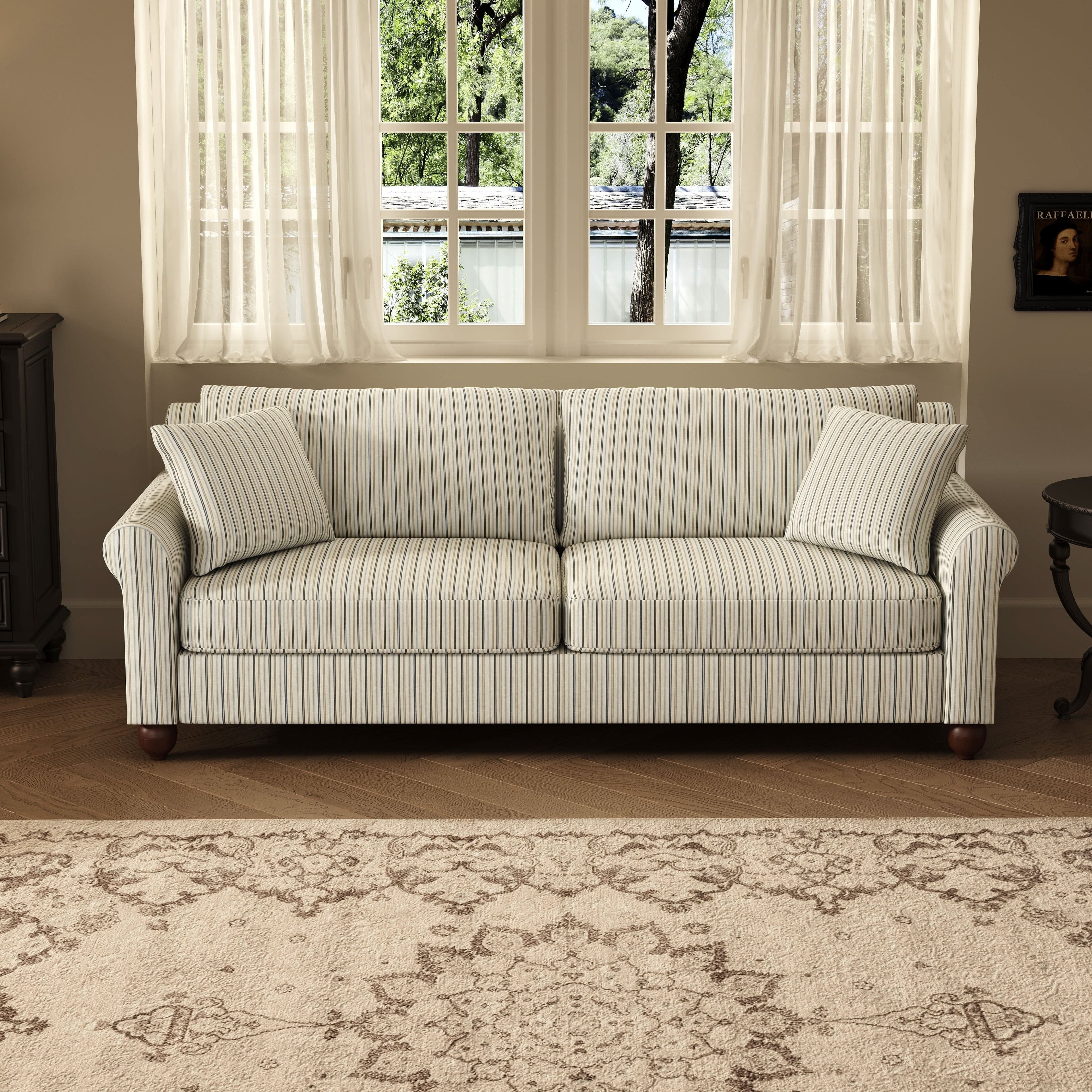 Cottonfy Striped Cotton Linen Blend Rolled Arm Sofa with Soild Wood Bun Feet