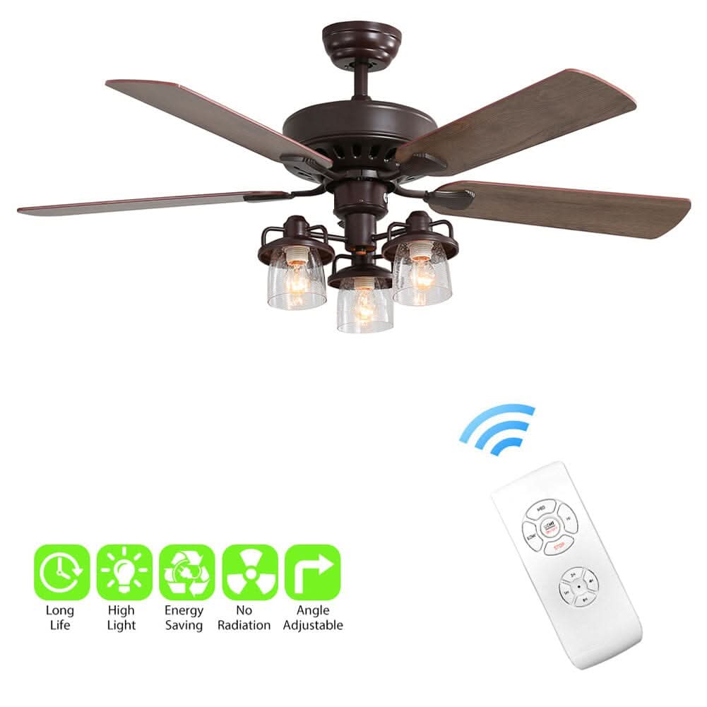 52 Inch Wooden Ceiling Fan with 3 Head Lights and Remote
