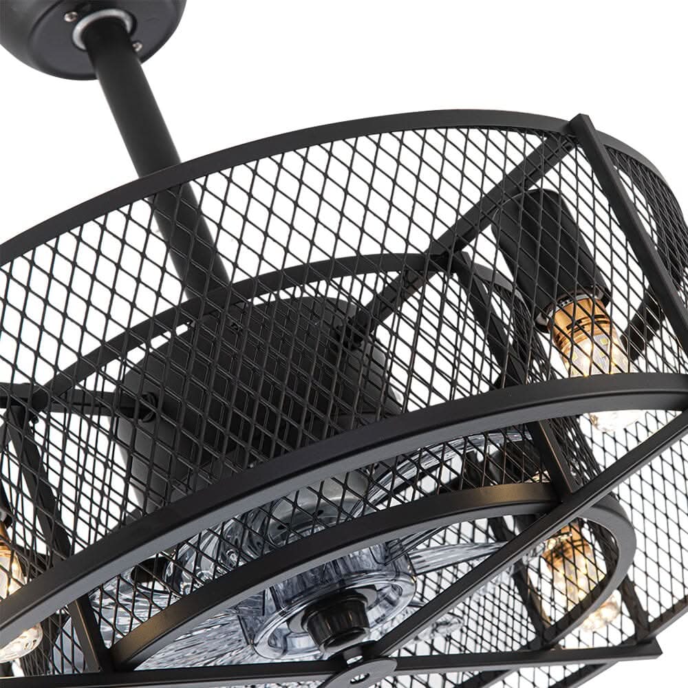 Black Ceiling Fan with 30W Light Wind Pendant with Metal Mesh Cage