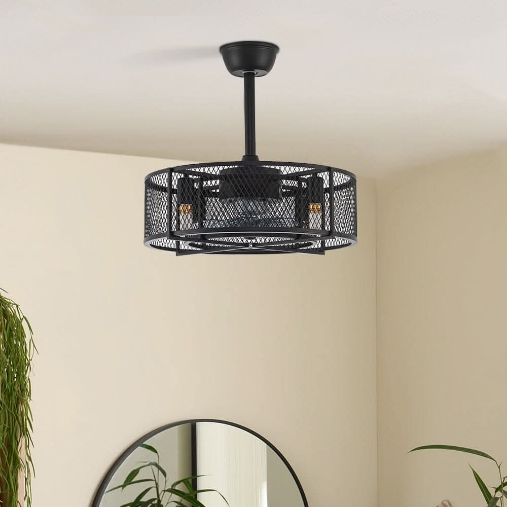 Black Ceiling Fan with 30W Light Wind Pendant with Metal Mesh Cage