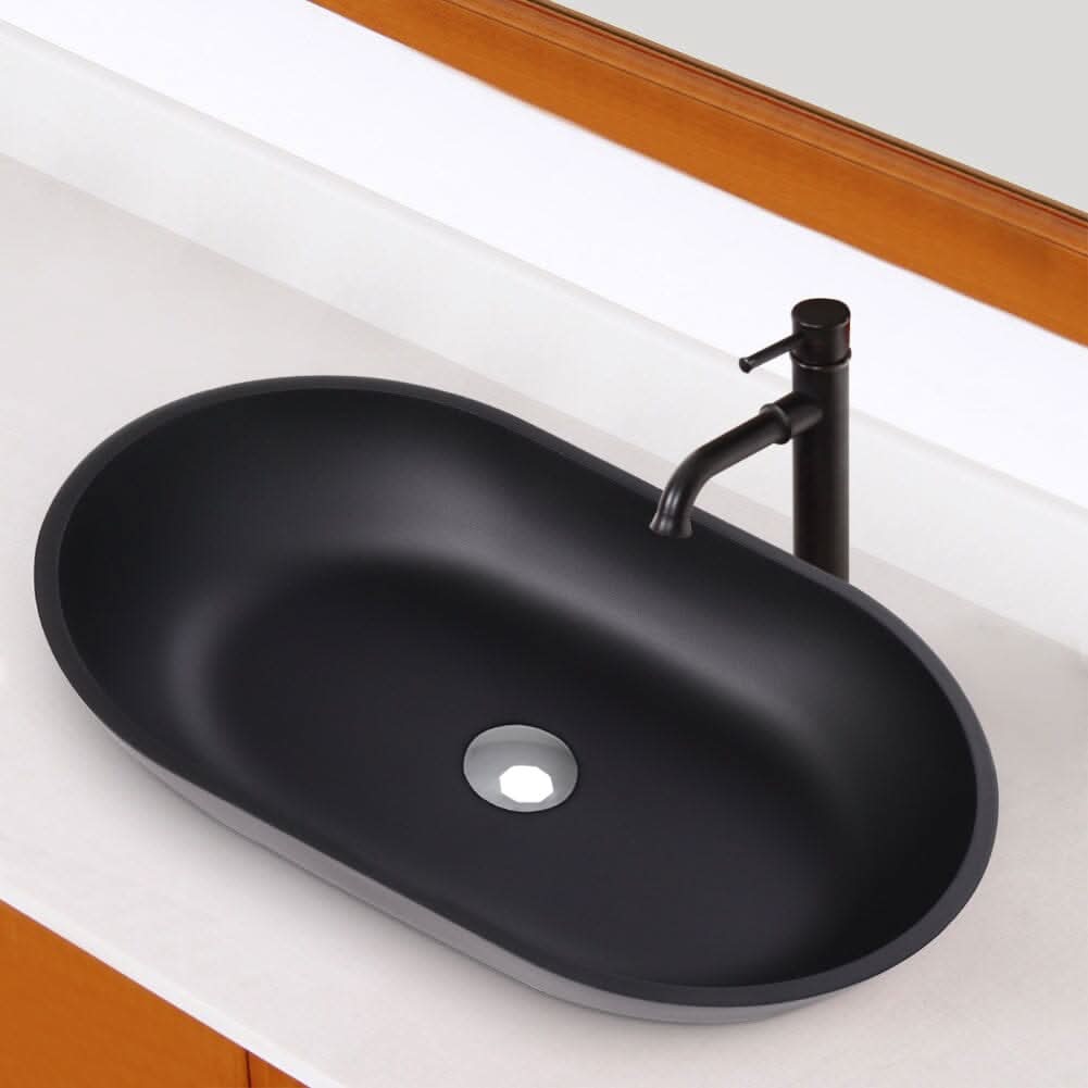 Oval Black Ceramic Vessel Bathroom Sink Drain Set