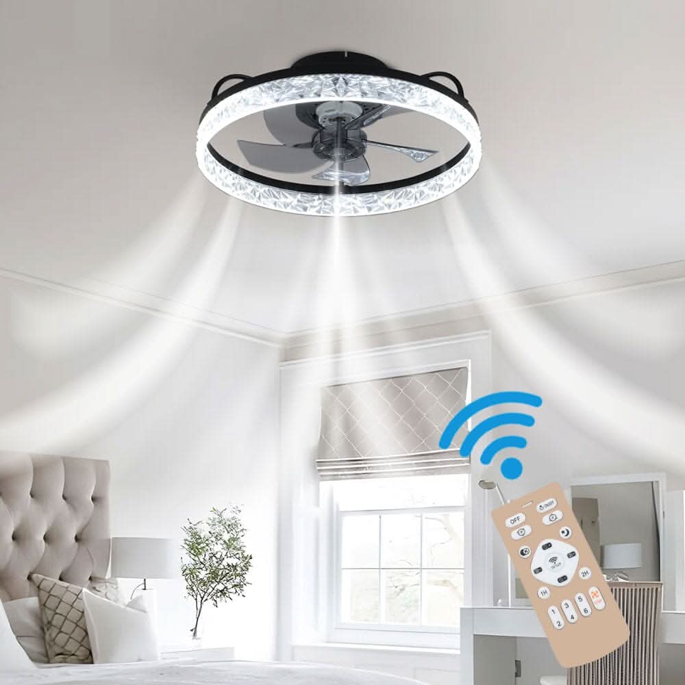 48cm Modern Black Round Crystal Ceiling Fan with Light