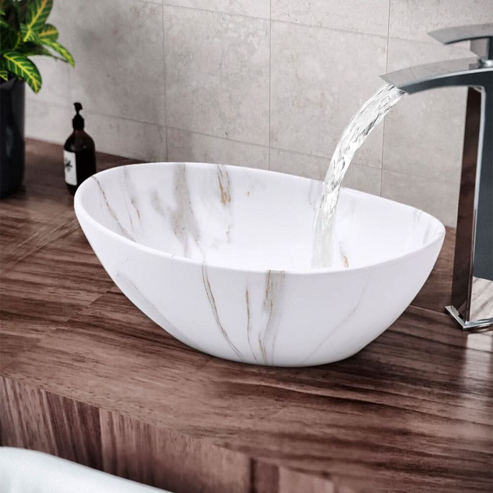 41.5cm W x 13.5cm D White Oval Marble Vessel Bathroom Sink
