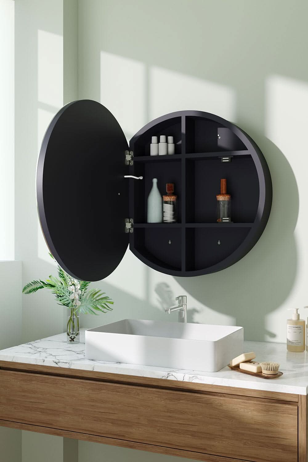 LED Dimmable Wall-Mounted Anti-fog Round Mirror Cabinet Bathroom Storage Decor