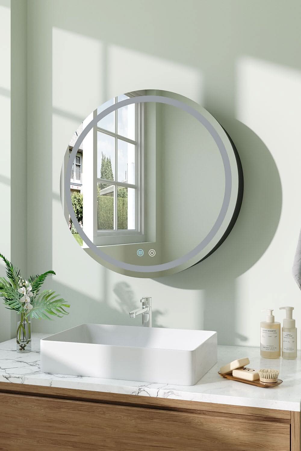LED Dimmable Wall-Mounted Anti-fog Round Mirror Cabinet Bathroom Storage Decor