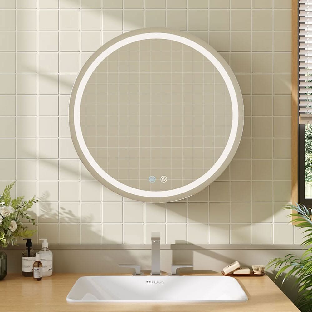 LED Dimmable Wall-Mounted Anti-fog Round Mirror Cabinet Bathroom Storage Decor