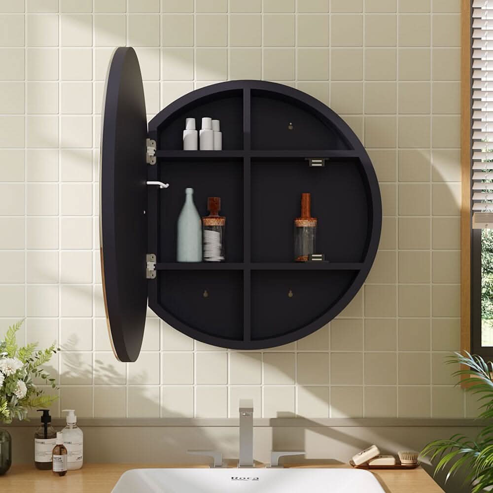 LED Dimmable Wall-Mounted Anti-fog Round Mirror Cabinet Bathroom Storage Decor