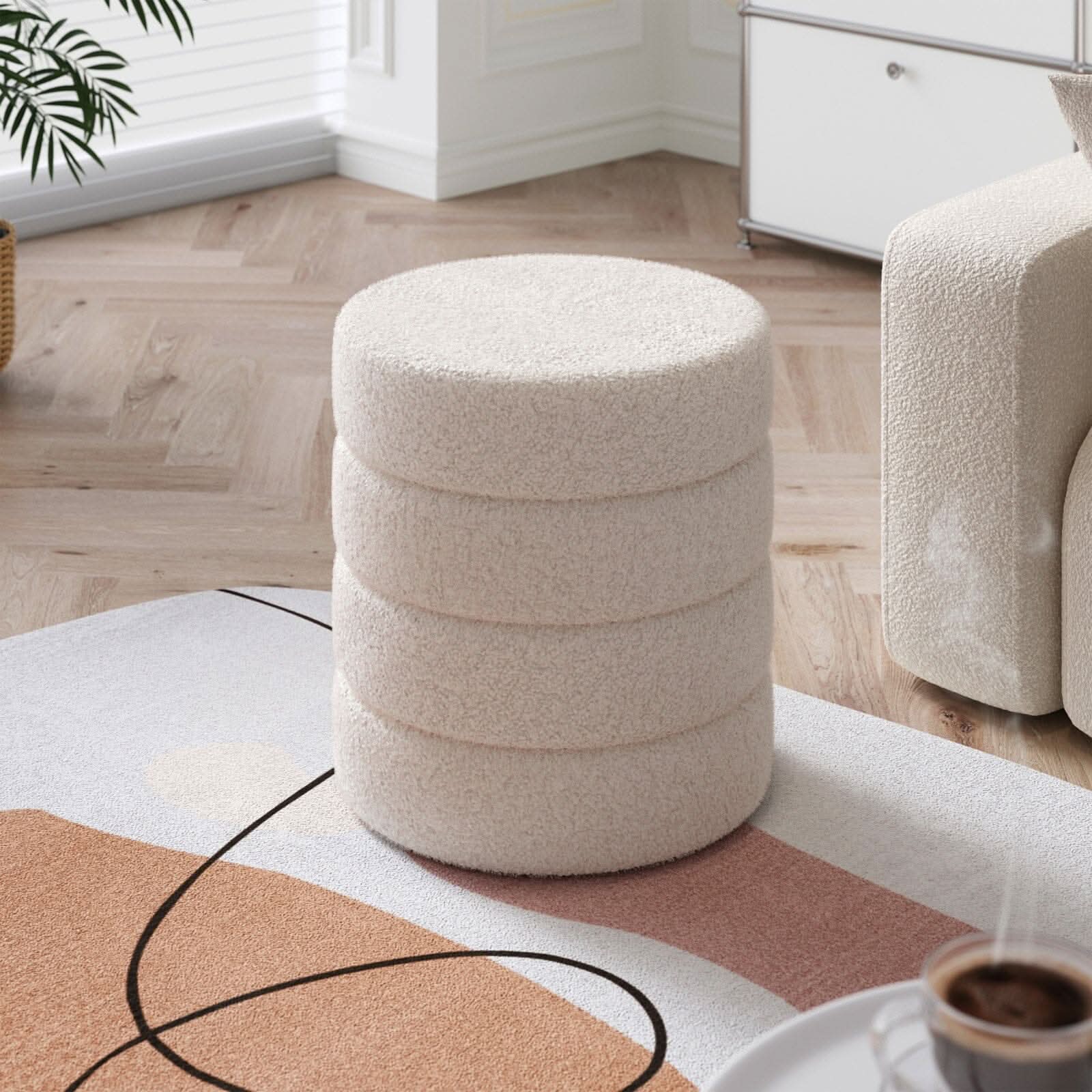 Layered Round Ottoman Teddy Fabric White