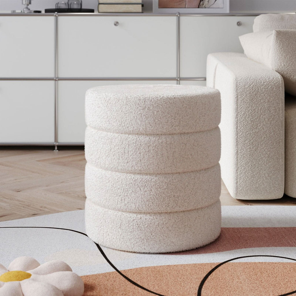 Layered Round Ottoman Teddy Fabric White