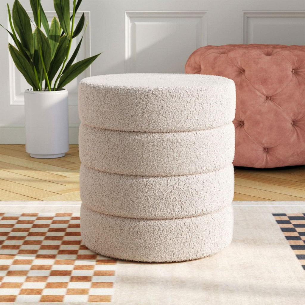 Layered Round Ottoman Teddy Fabric White