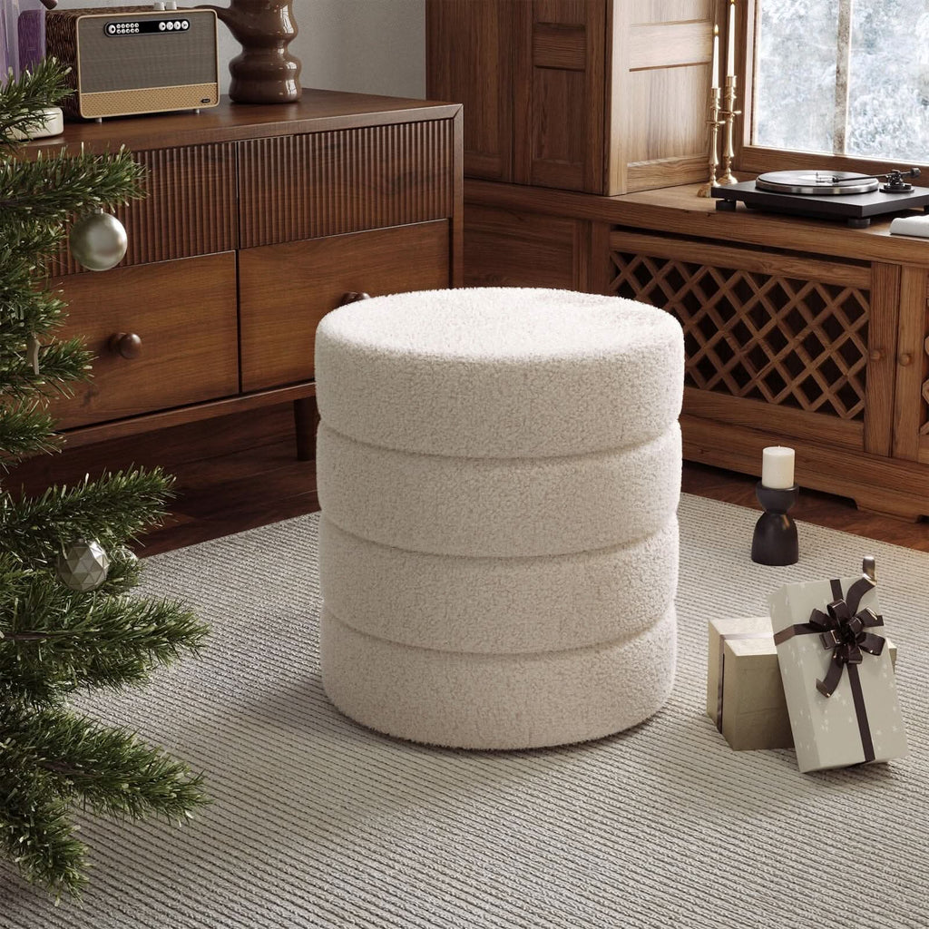 Layered Round Ottoman Teddy Fabric White