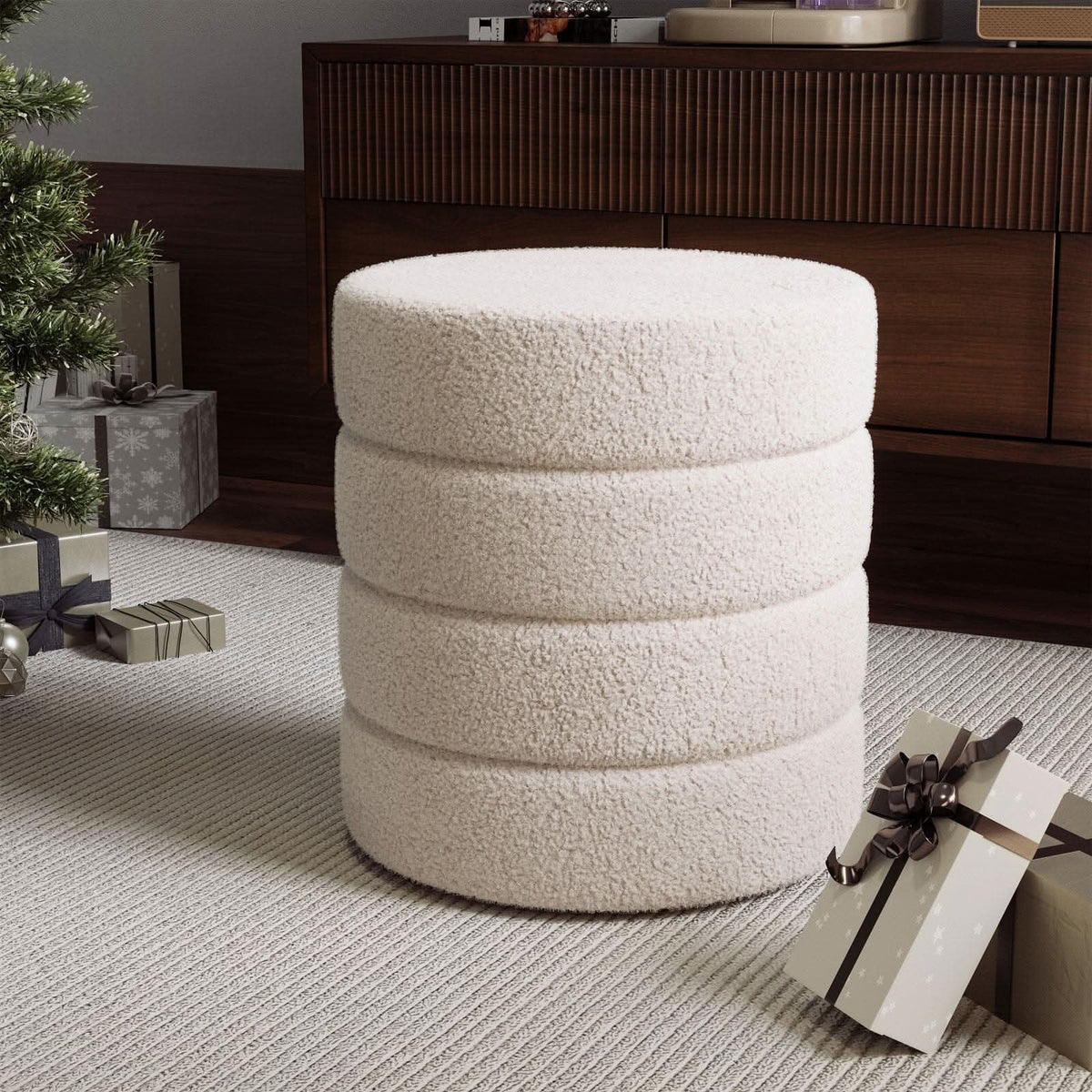 Layered Round Ottoman Teddy Fabric White