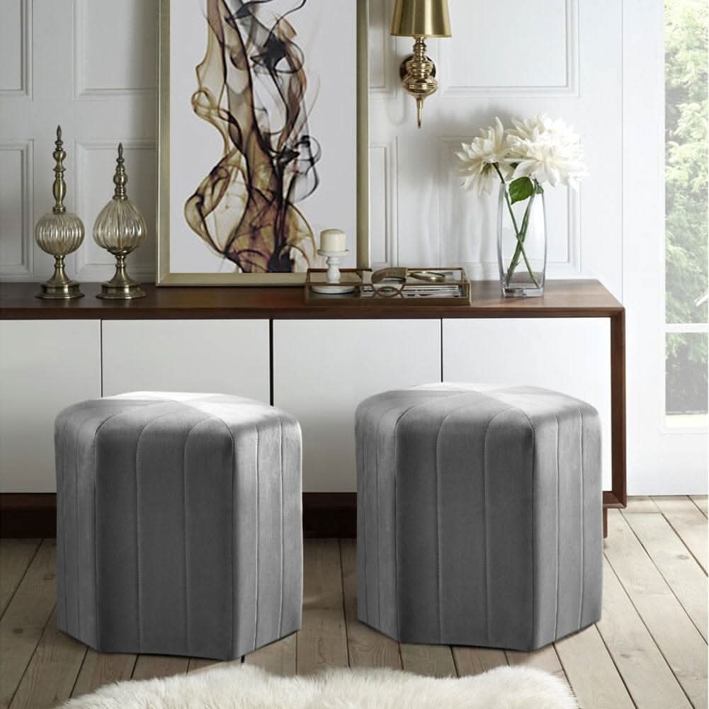 40cm Wide Hexagon Shape Velvet Footstool Striped Ottoman 25D Sponge Footrest