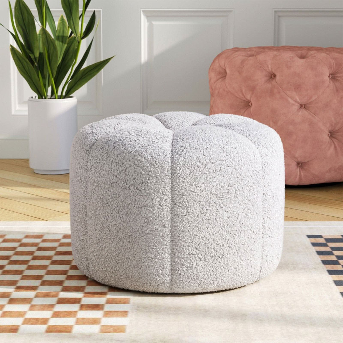 White Teddy Fur Pumpkin-Shaped Footstool