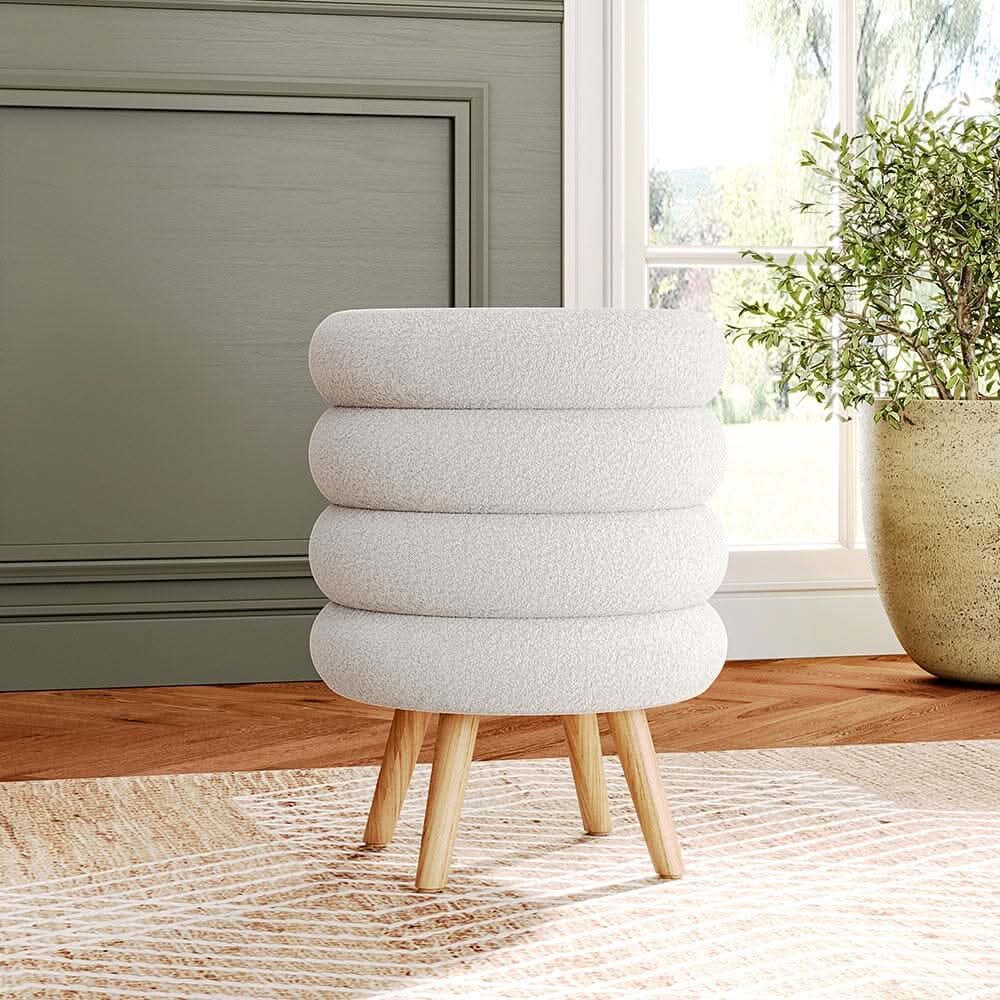White Teddy Fur Tiered Footstool with Natural Wood Legs