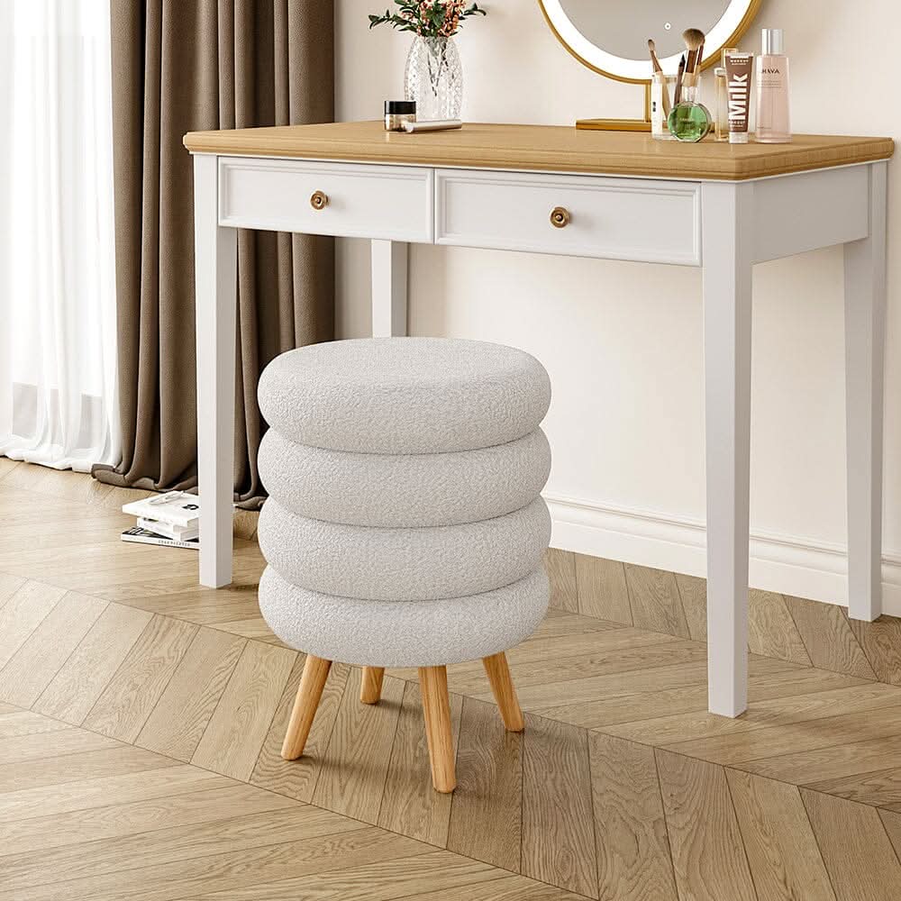 White Teddy Fur Tiered Footstool with Natural Wood Legs