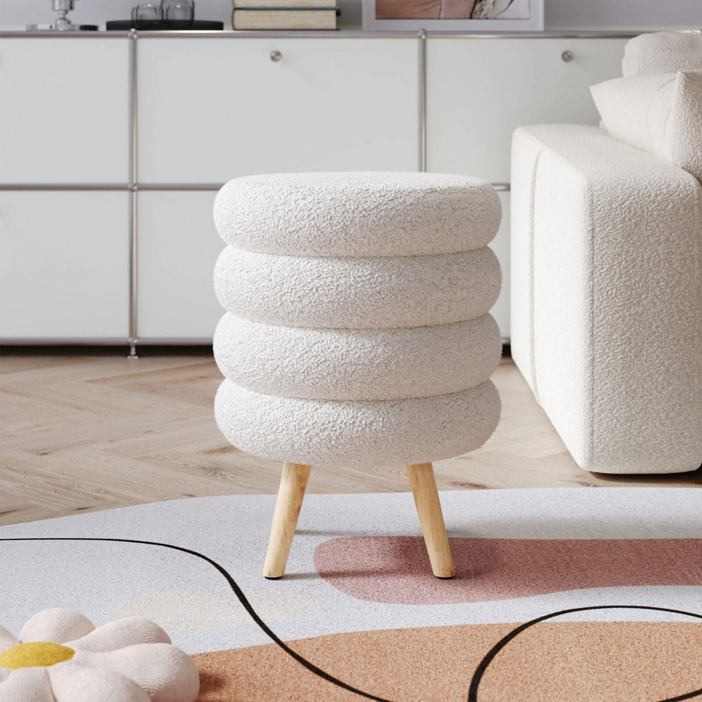 White Teddy Fur Tiered Footstool with Natural Wood Legs