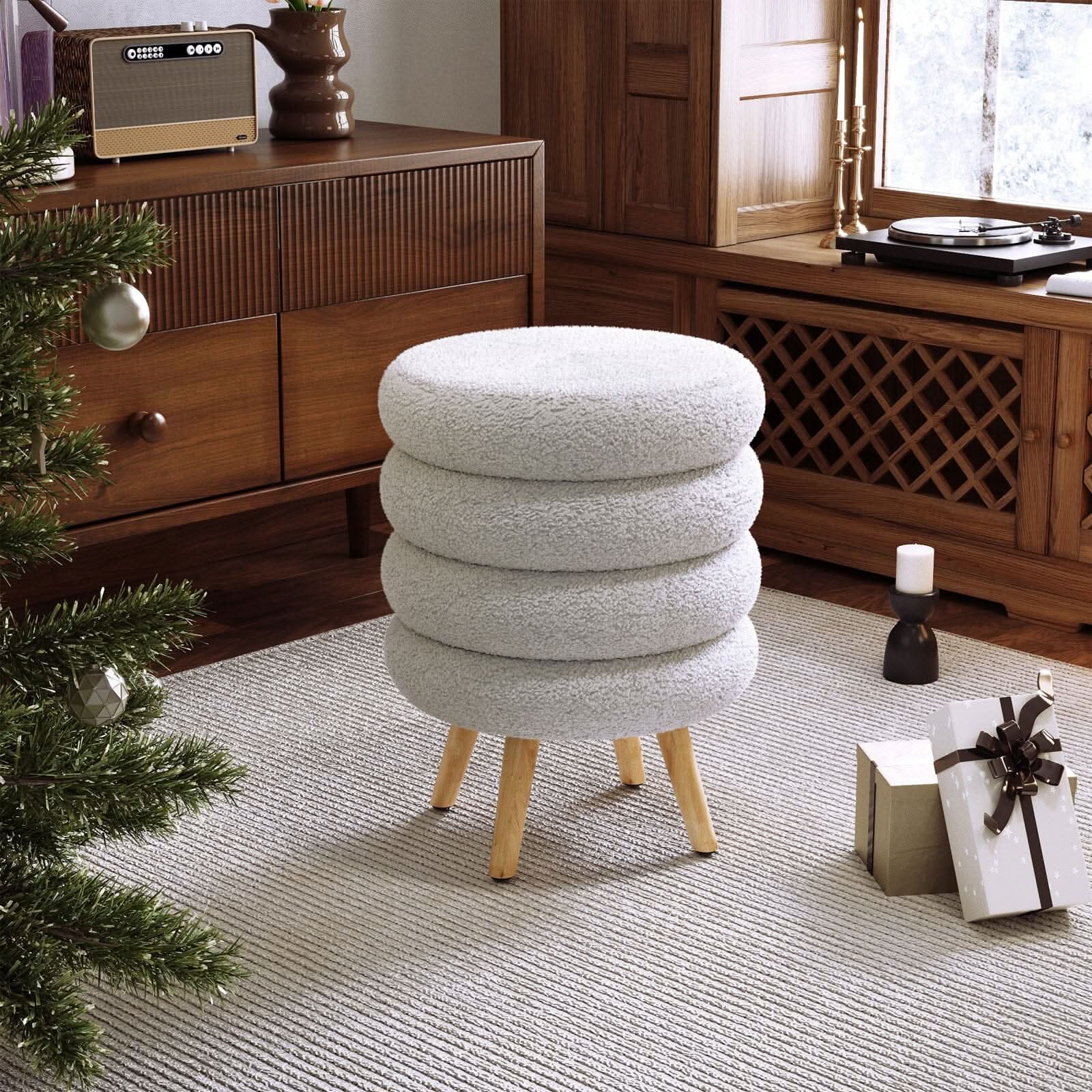 White Teddy Fur Tiered Footstool with Natural Wood Legs