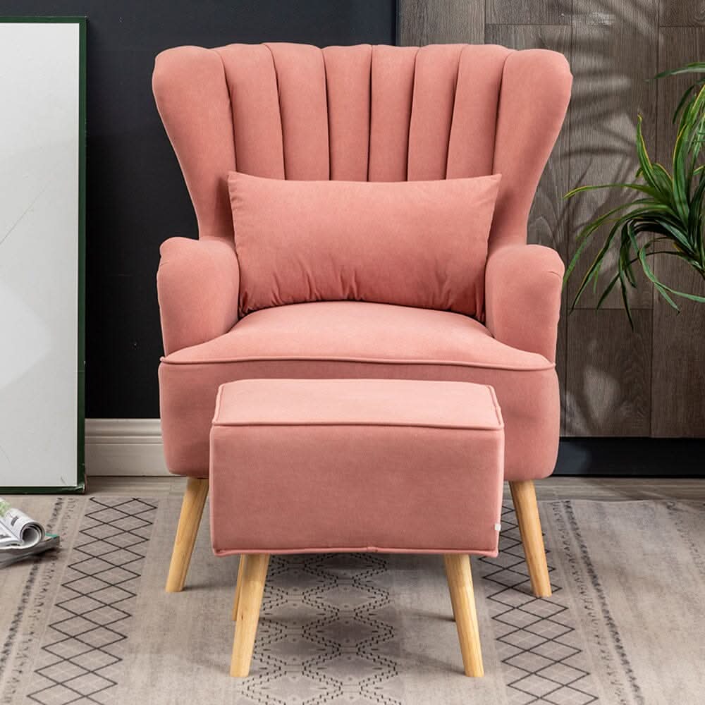 Contemporary Wing Back Armchair and Ottoman Set with Cushion and Footstool