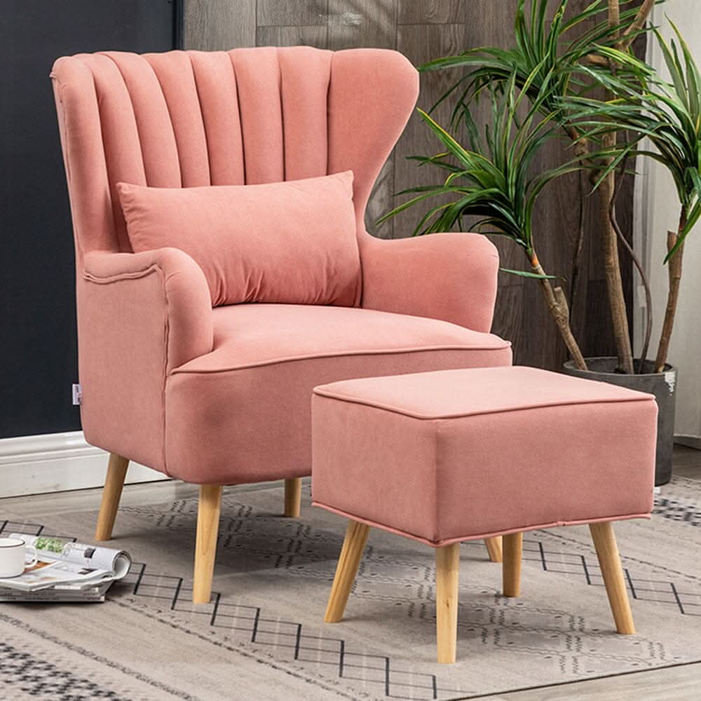 Contemporary Wing Back Armchair and Ottoman Set with Cushion and Footstool