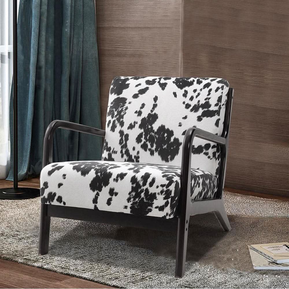 Cow Print Accent Chair with Solid Wood Arms & Scandi Design