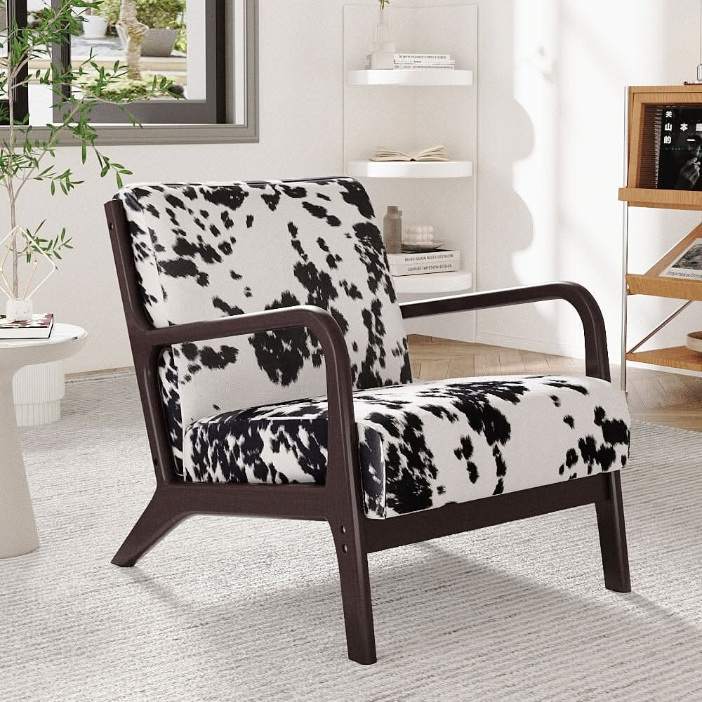 Cow Print Accent Chair with Solid Wood Arms & Scandi Design