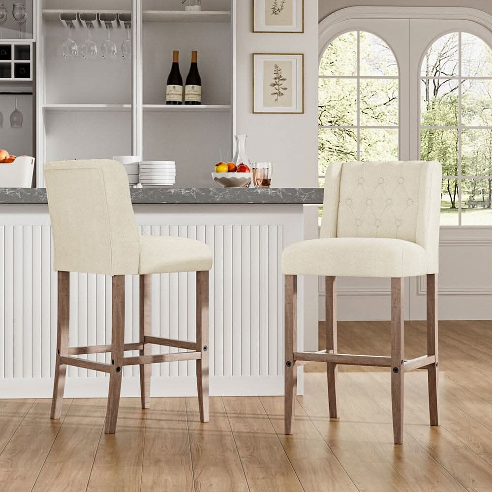 Set of 2 Hight Bar Stools Linen Upholstered with Wood Legs