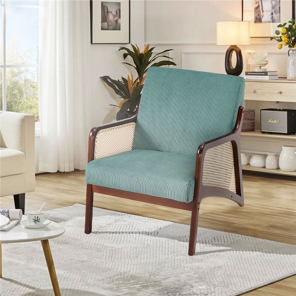 Corduroy Armchair with Rattan Armrest
