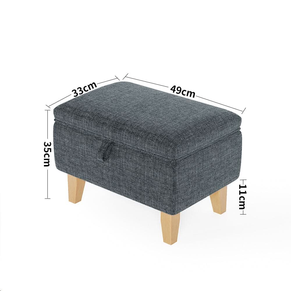 Dark Grey Linen Small Storage Ottoman with Natural Rubber Wood Legs